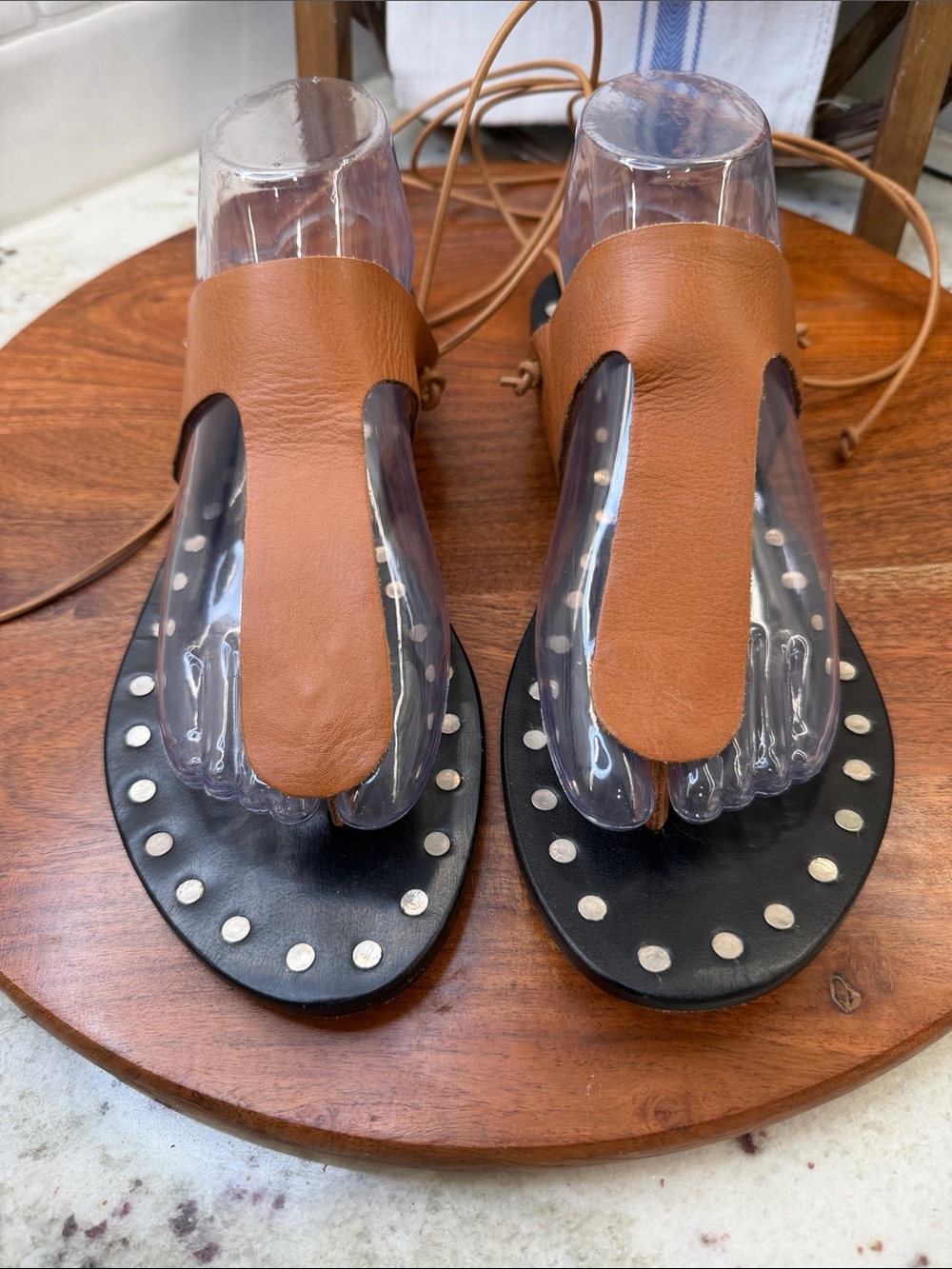 Sol Sana Tan Leather T-Strap Studded Sandals